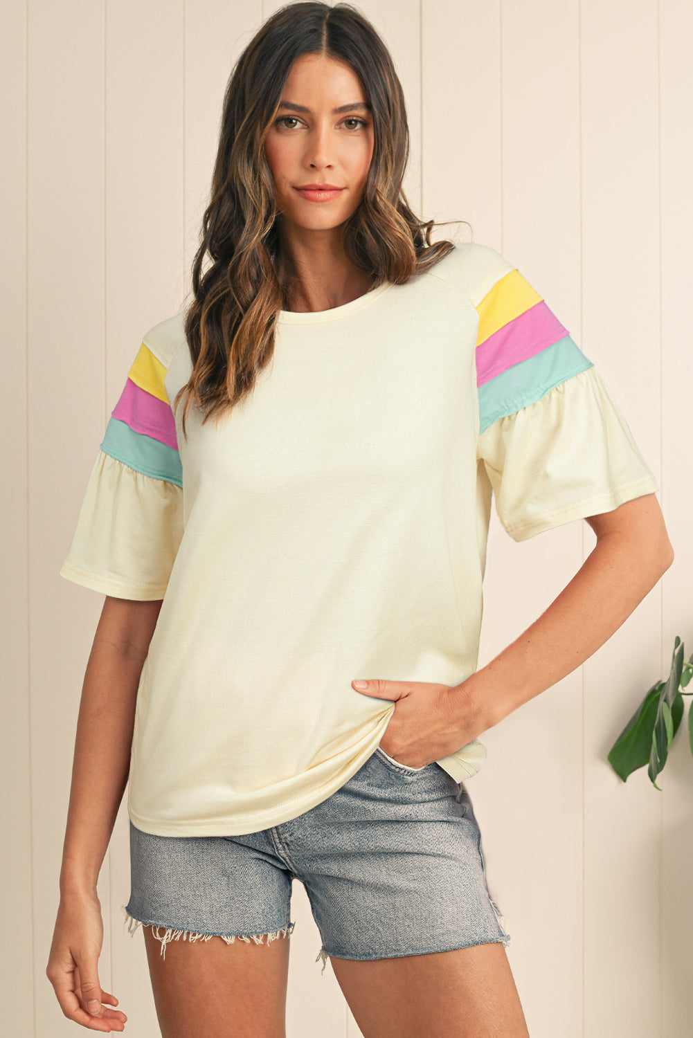 White Color Block Stitched Sleeve Loose T Shirt