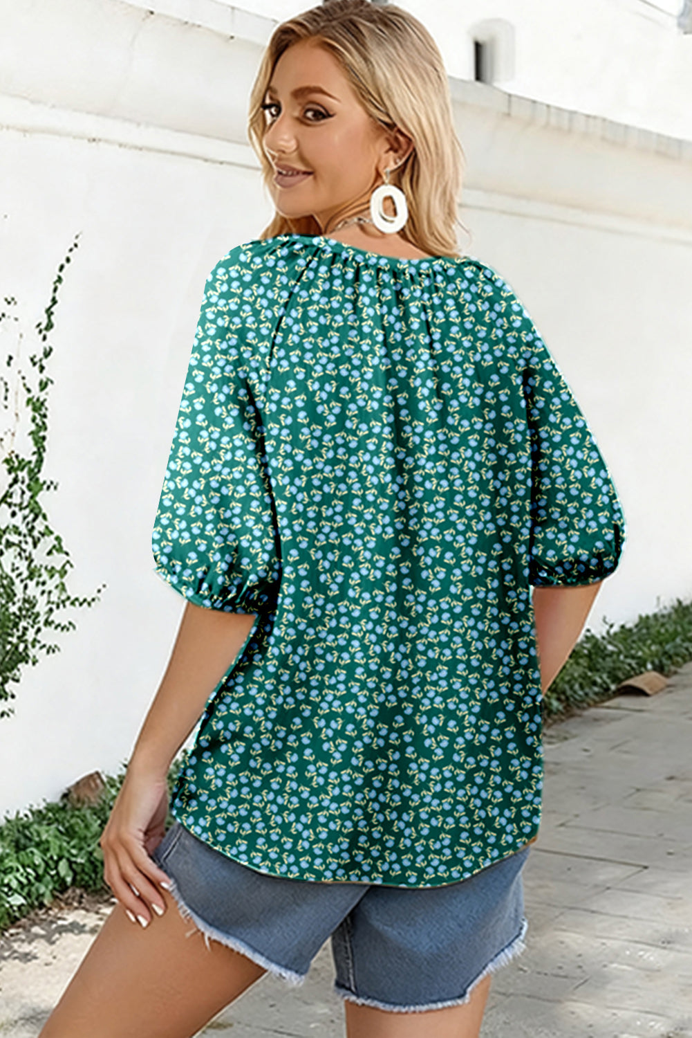 Green Boho Chic Notched V Neck Plus Floral Short Sleeve Top