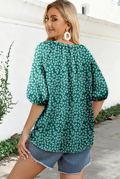 Green Boho Chic Notched V Neck Plus Floral Short Sleeve Top