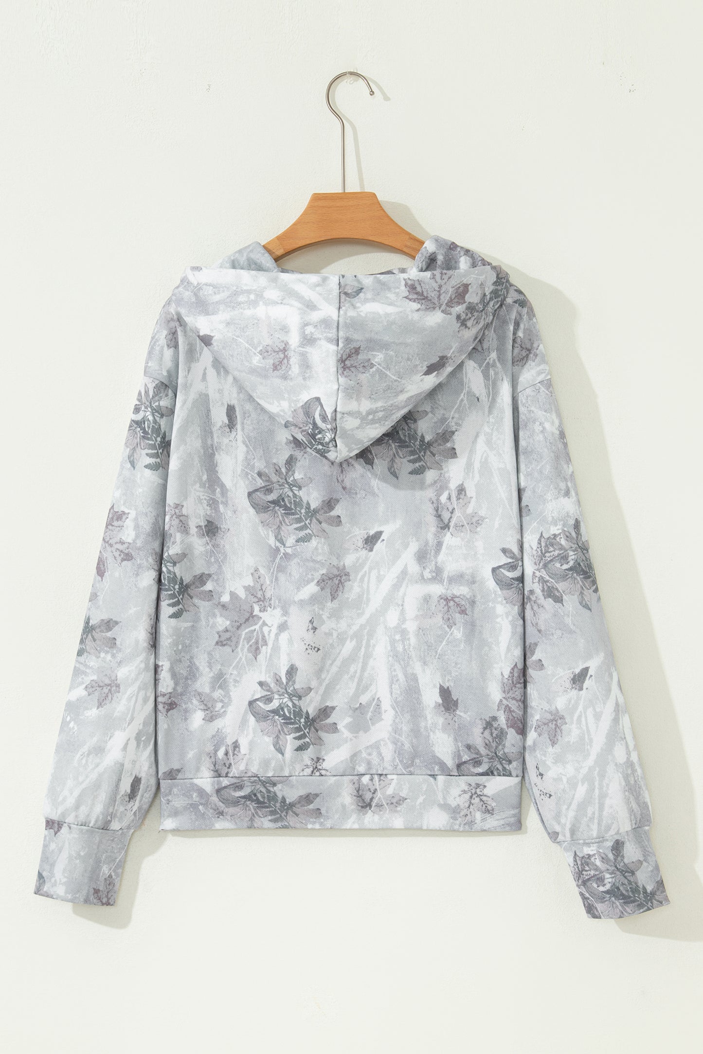 Gray Camo Leaf Print Kangaroo Pocket Quarter Zip Hoodie