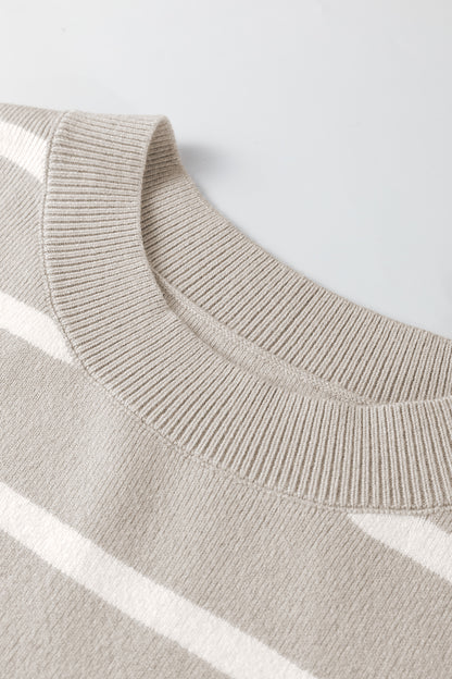 Brown Stripe Side Slits Crewneck Short Sleeve Sweater Tee