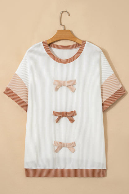 Apricot Bowknot Applique Plus Size Ribbed Top