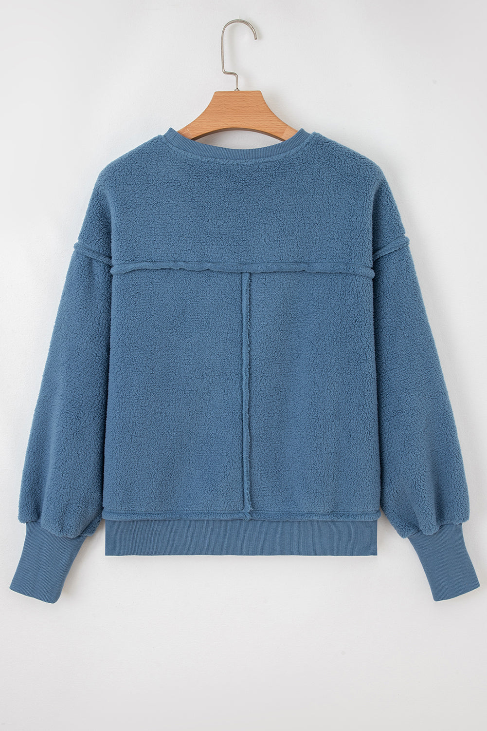 Sail Blue Fleece Drop Shoulder Exposed Seam Patchwork Casual Sweatshirt