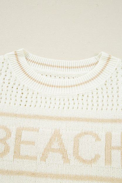 White BEACH Hollow Out Knitted Lightweight Dolman Sweater