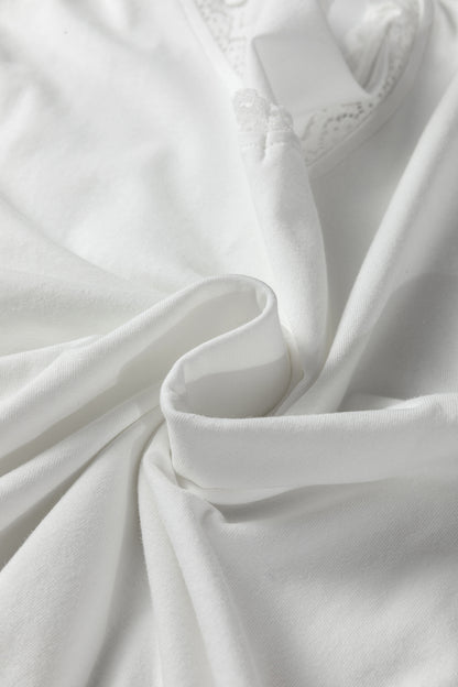 White Lace Trim V Neck Cuffed Long Sleeve Loose Top