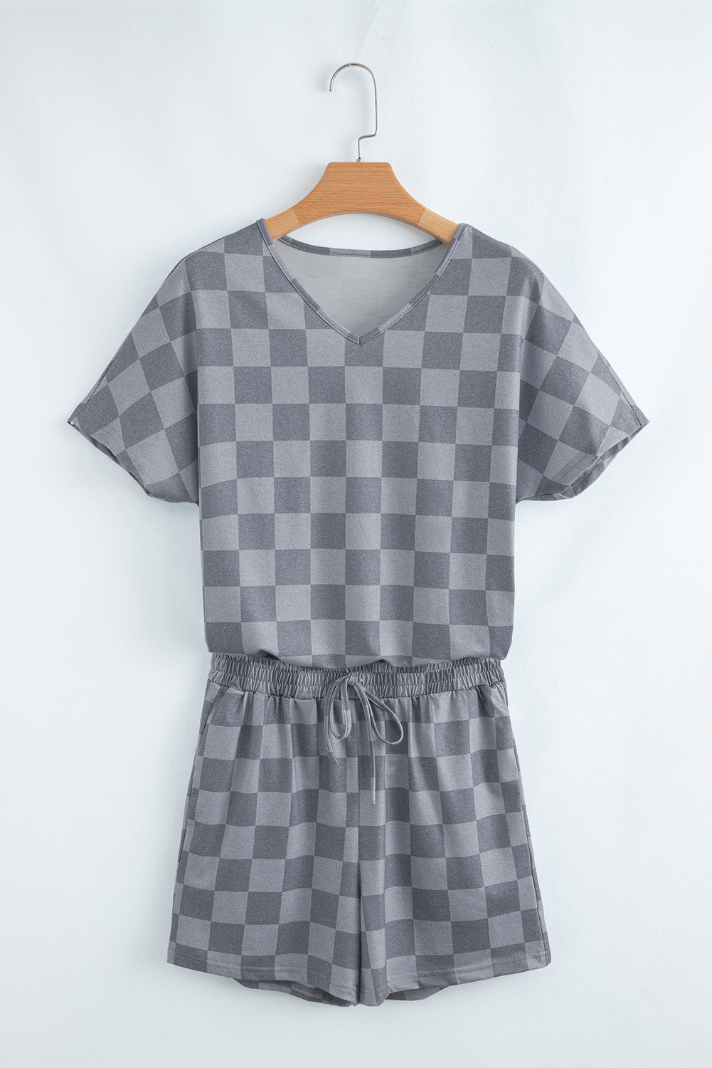 Gray Checkered V Neck Tee Drawstring Shorts Lounge Set