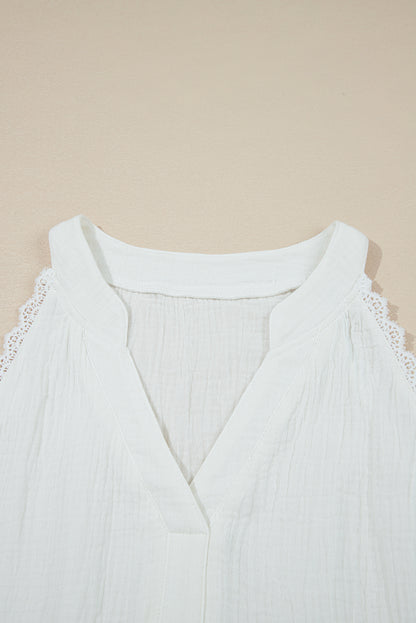 White Textured Lace Trim Pure Cotton Sleeveless Top