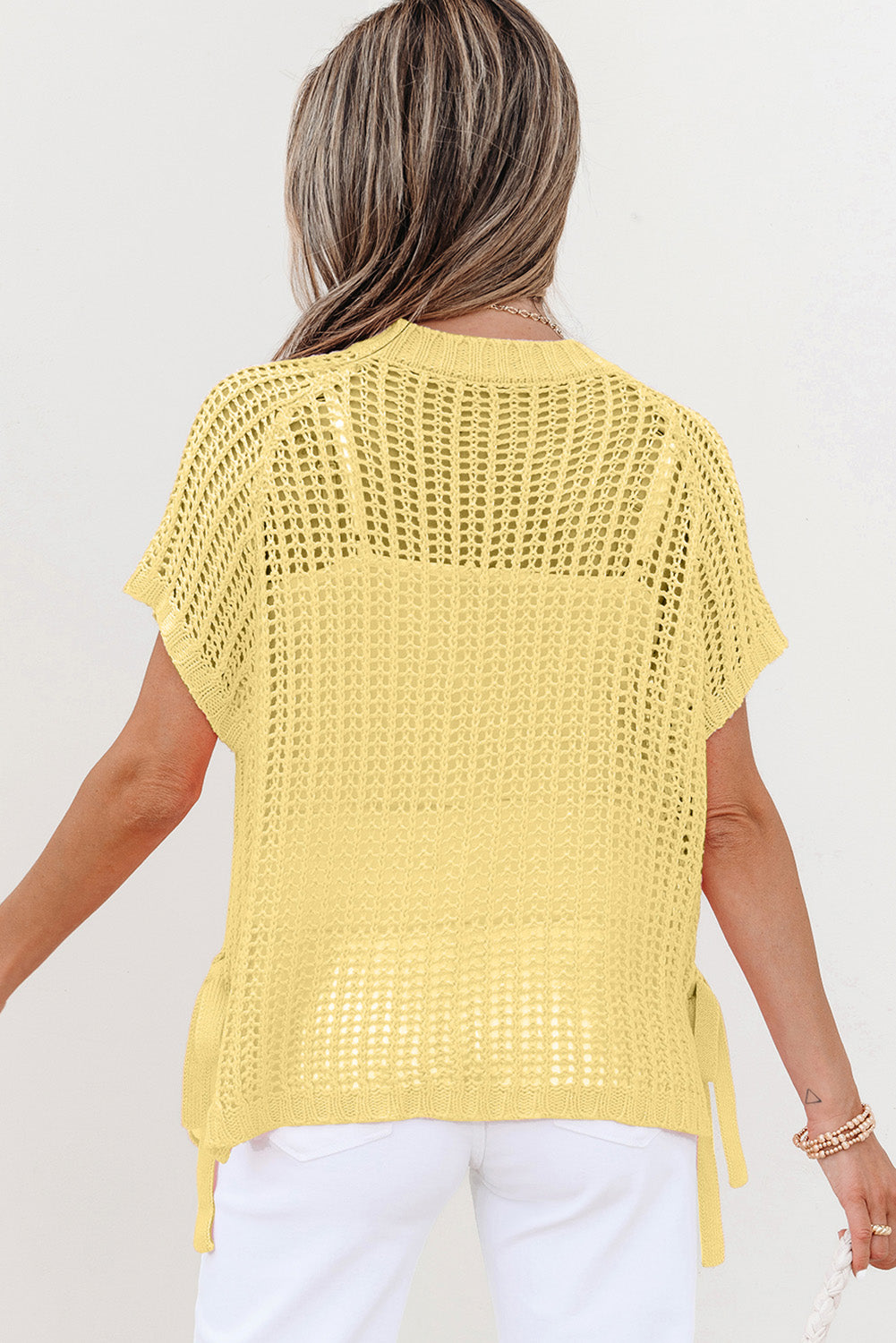 Yellow Cream Hollow-out Crochet Side Tied Short Sleeve Sweater