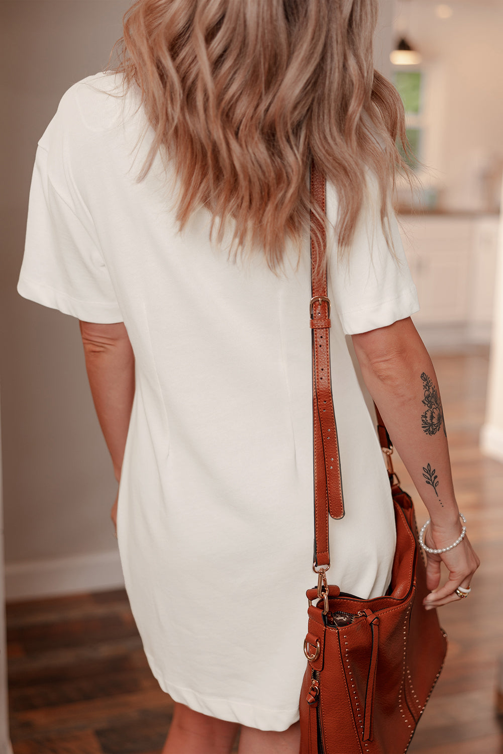 White Drop Shoulder Crew Neck Shift T Shirt Dress