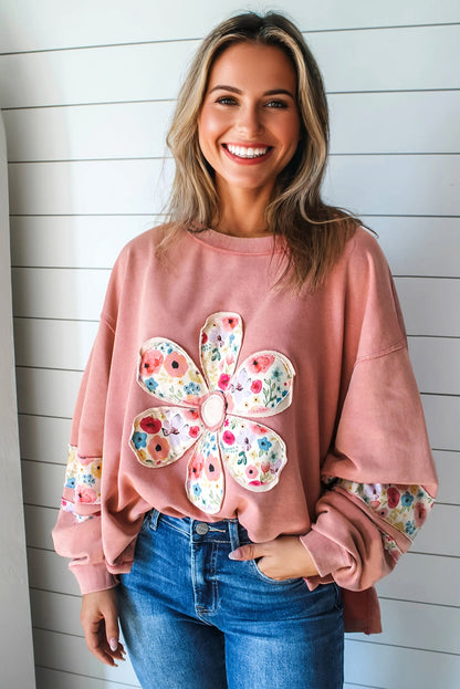 Pale Khaki Floral Applique Baggy Pullover Sweatshirt
