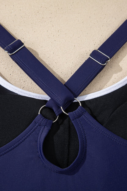 Navy Blue Contrast Edge Ruffled High Waist One Piece Swim Dress