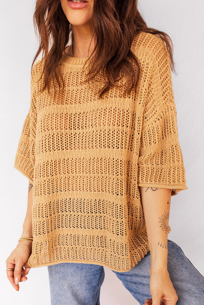 Mustard Hollow out Openwork Knit 3/4 Sleeve Sweater