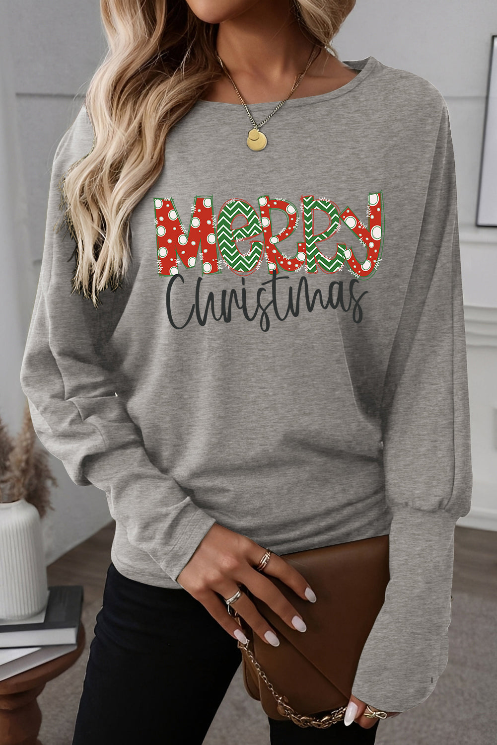 Light Grey Merry Christmas Graphic Extended Cuffs Dolman Long Sleeve Top