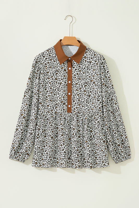 Khaki Plus Size Buttoned Contrast Trim Puff Sleeve Leopard Print Blouse