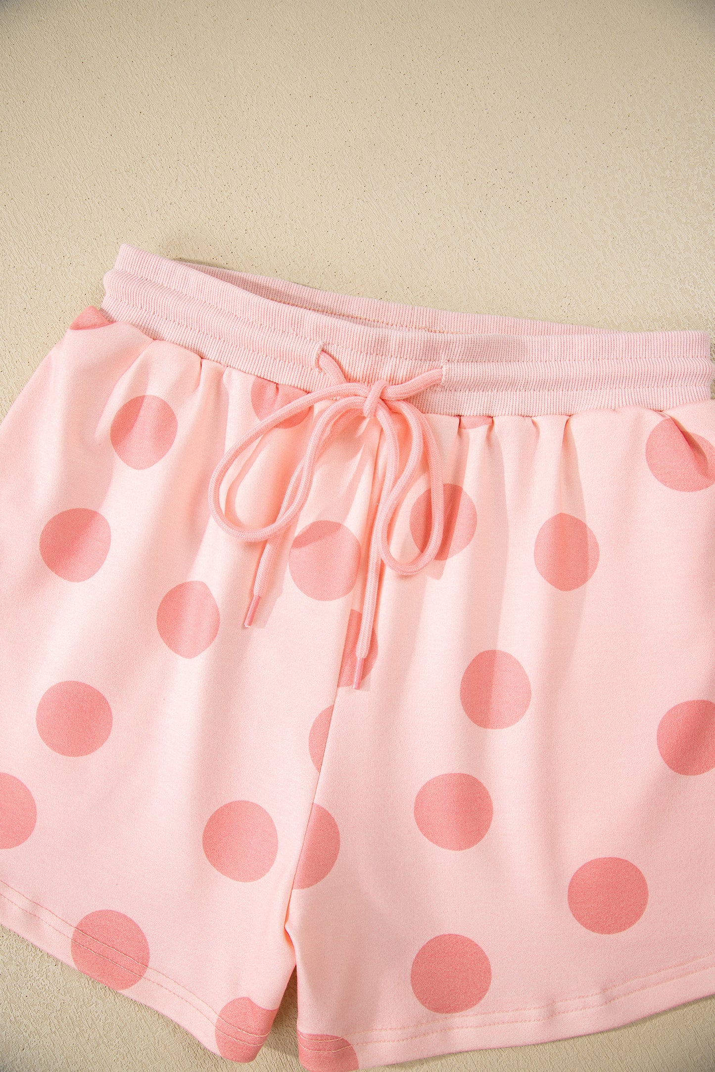 Beige Polka Dot Print Drop Shoulder Pullover Drawstring Shorts Set