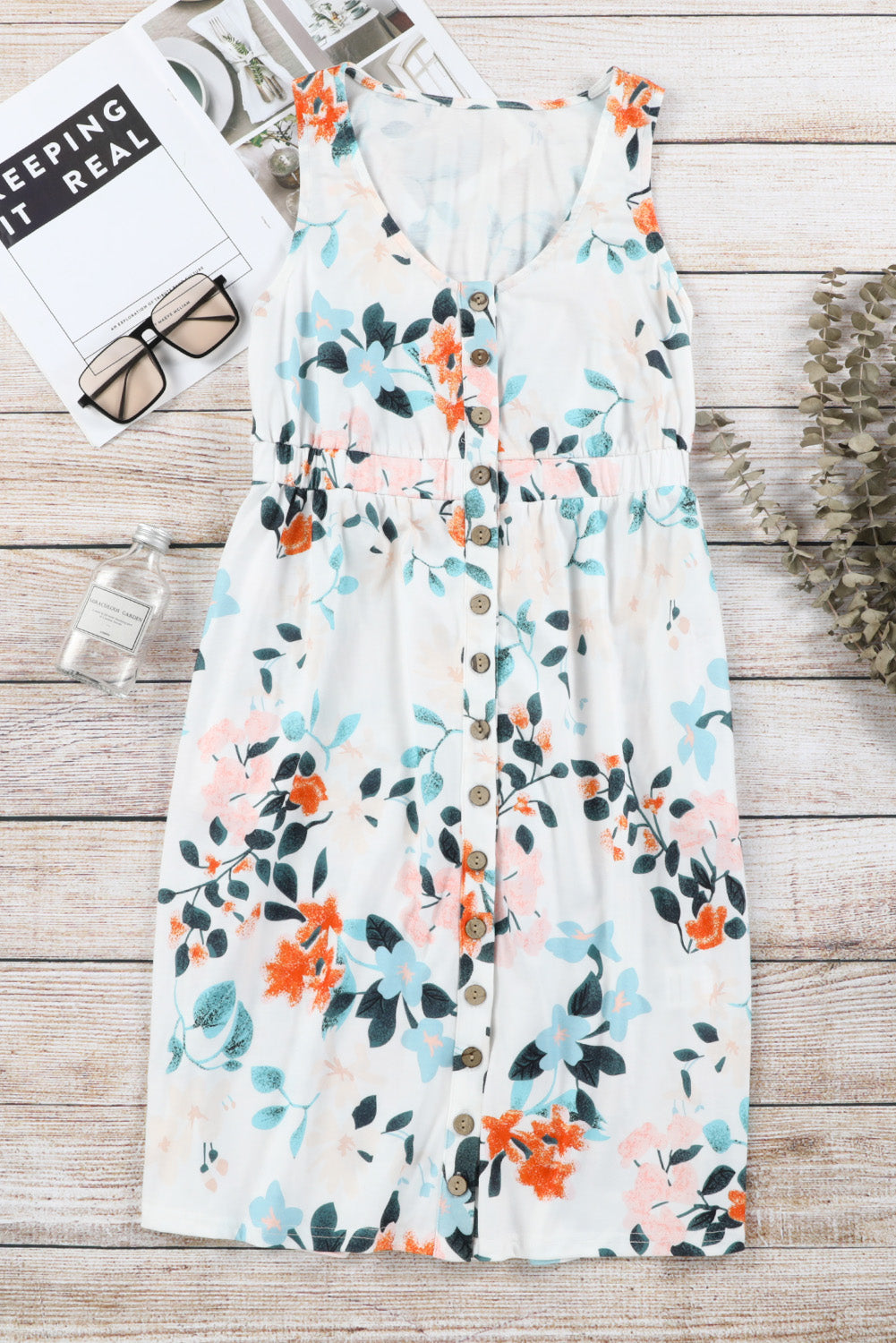 White Gray Floral Printed Sleeveless Button Up High Waist Mini Dress