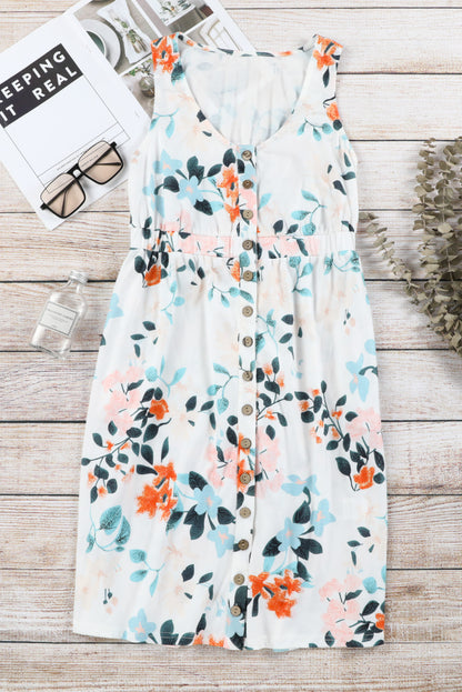 White Gray Floral Printed Sleeveless Button Up High Waist Mini Dress