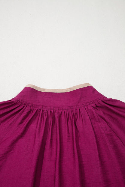 Wild Ginger Plus Size Contrast Trim Button V Neck Puffy Bracelet Sleeve Blouse