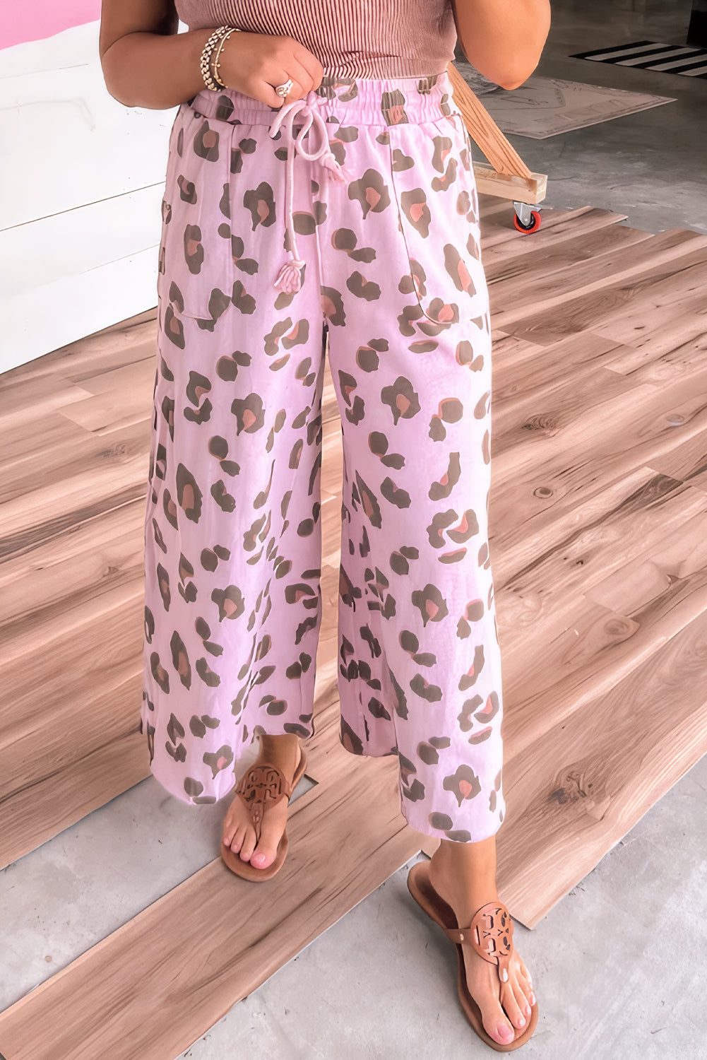 Pink Drawstring Leopard Print Patch Pocket Loose Pants