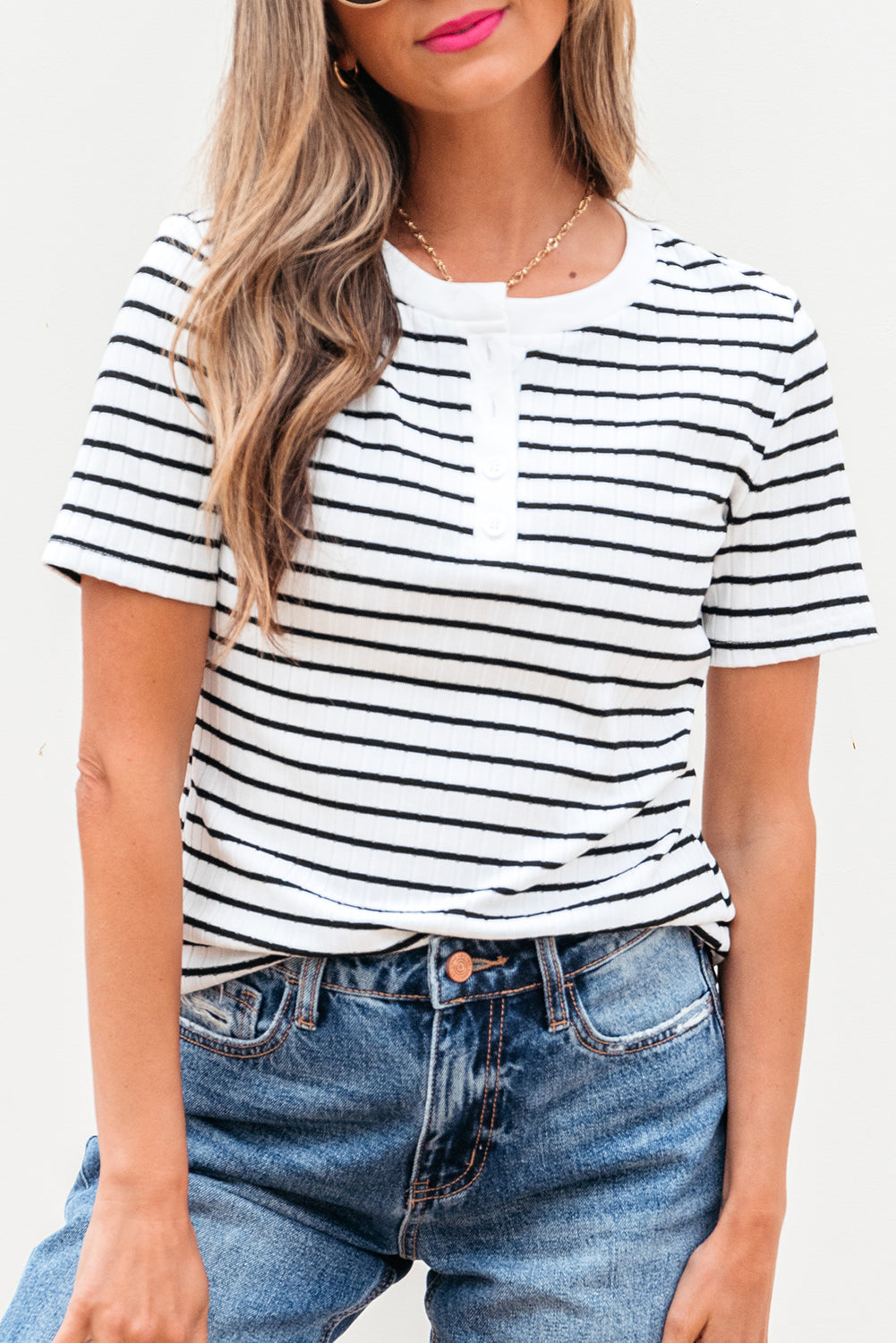 White Stripe Textured Short Sleeve Buttoned Henley Top