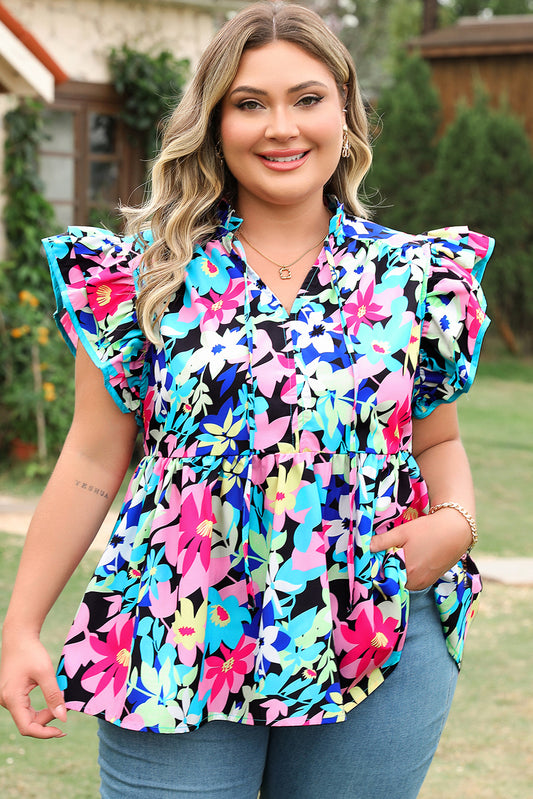 Blue Floral Flutter Sleeve Tied Notched Neck Plus Size Blouse