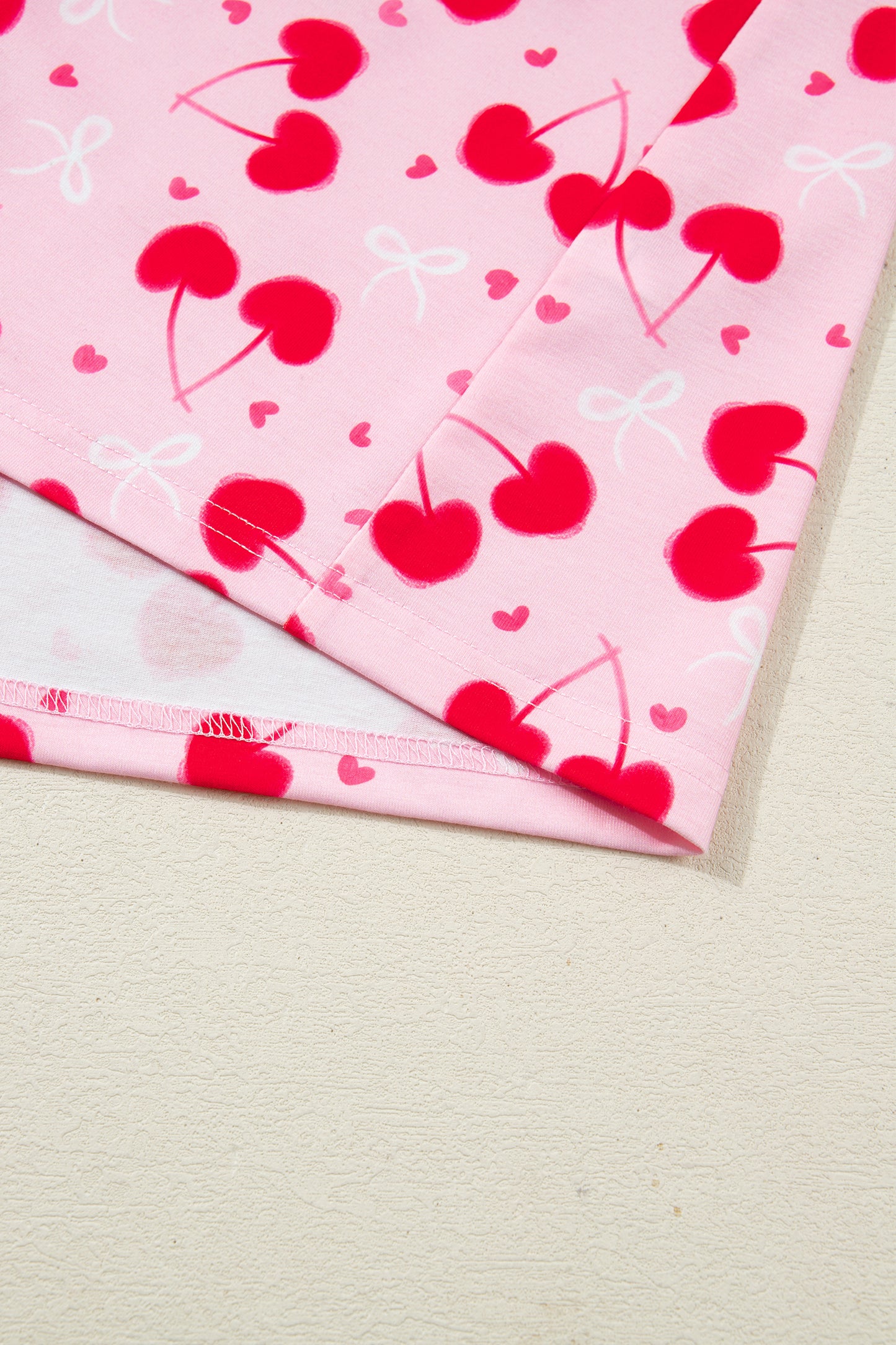 Rose Cherry Bow Mixed Print Scalloped Edge Short Pajama Set