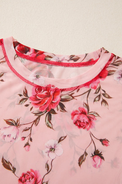 Pink Floral Print Exposed Seam Detail Mesh Long Sleeve Top