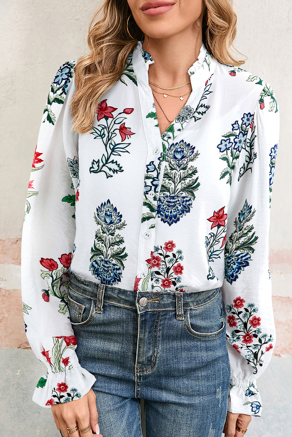 White Floral Print Frilled Collar V Neck Button Down Long Sleeve Shirt