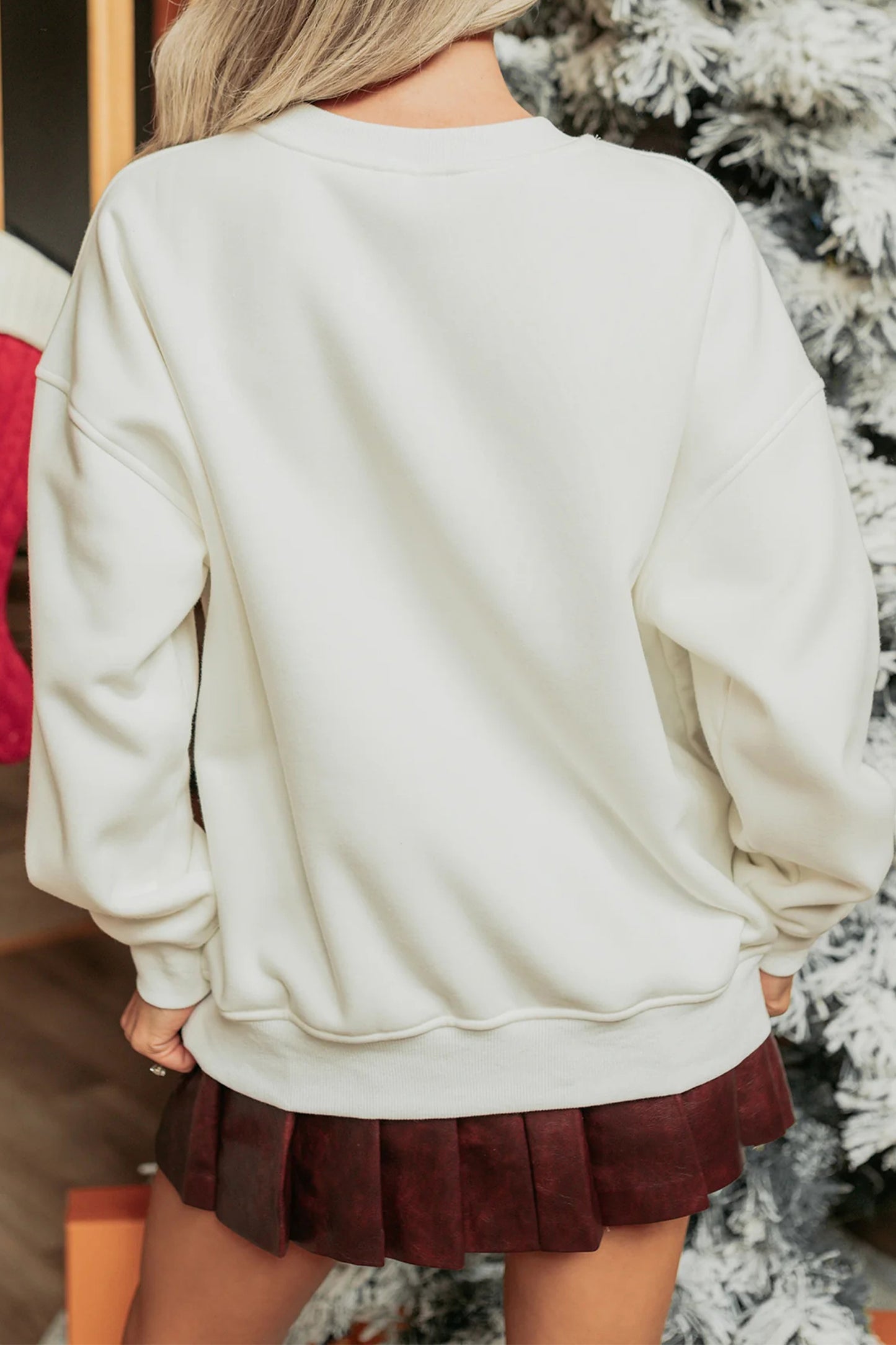 White Christmas Tree Ribbon Bow Printed Drop Shoulder Sweatshirt