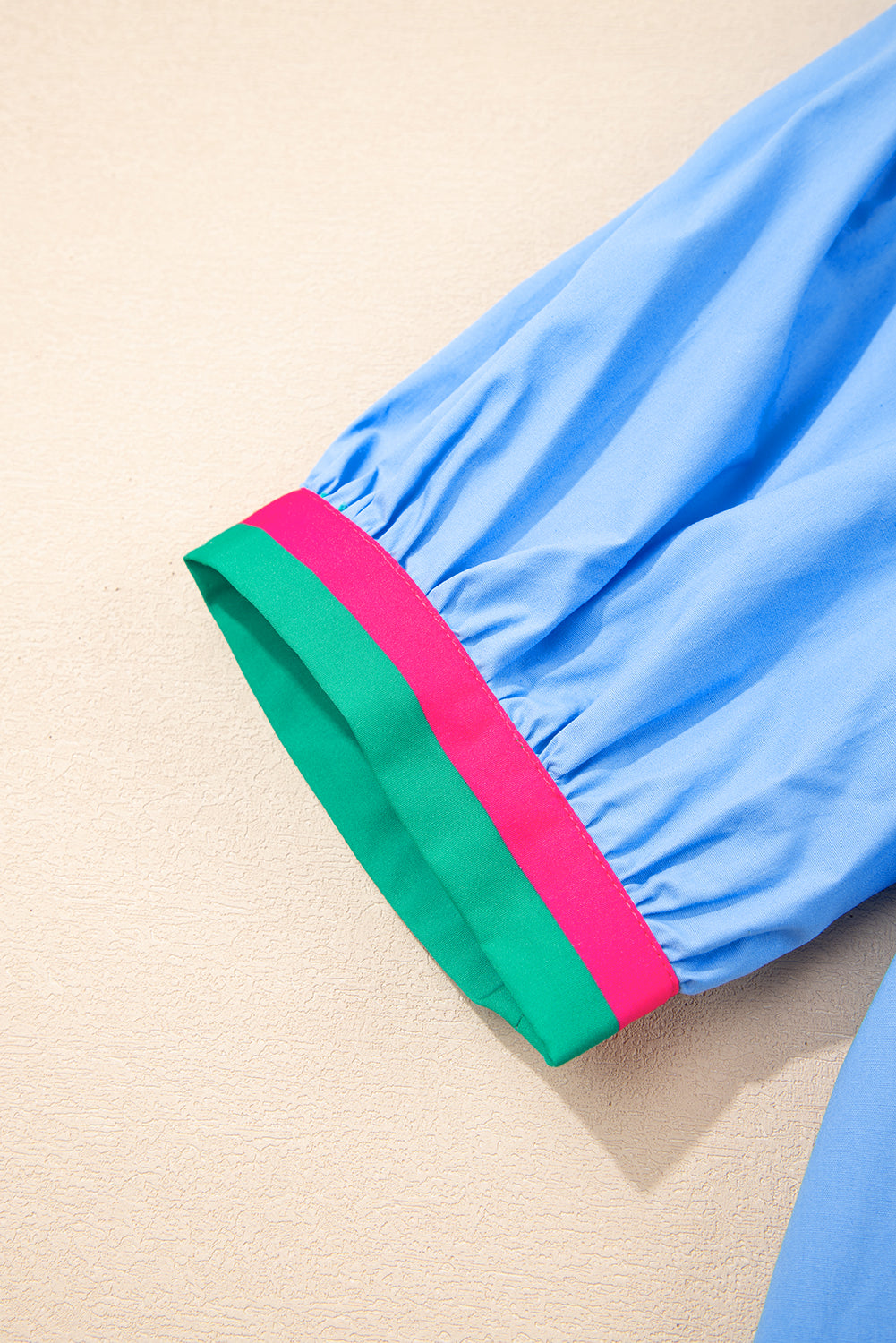 Sky Blue Contrast Striped V Neck Collision Short Puff Sleeve Blouse