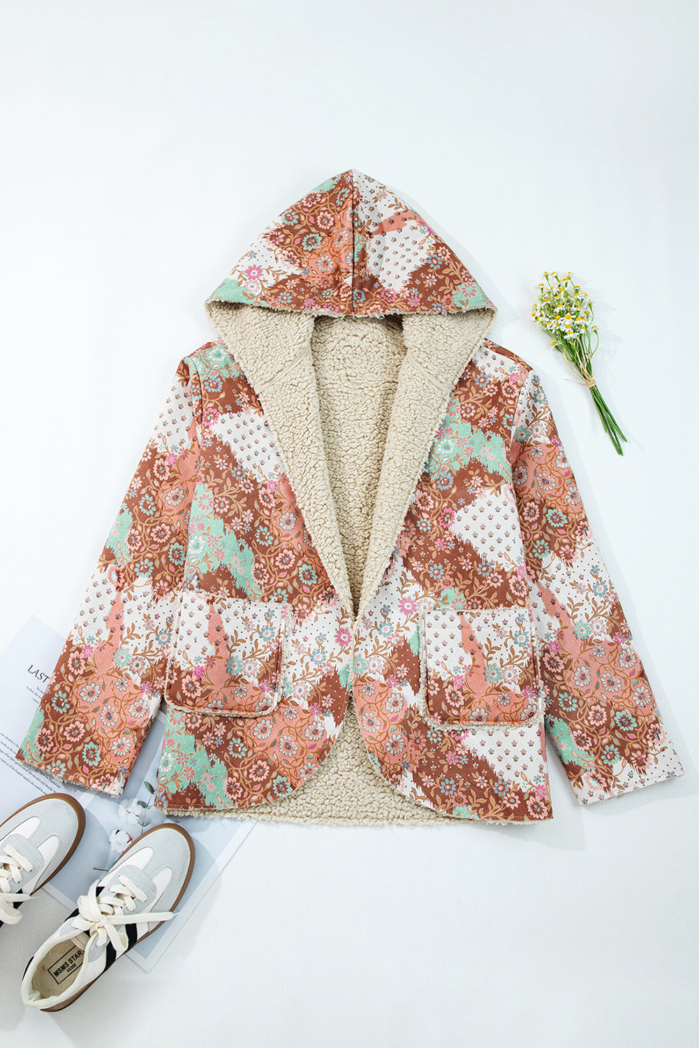 Khaki Vintage Floral Printed Sherpa Lined Hooded Jacket