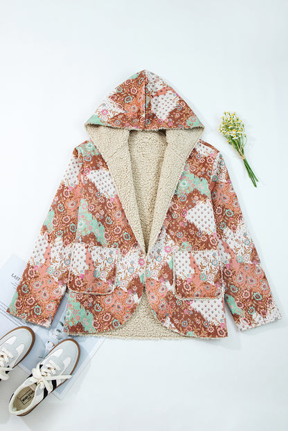 Beige Vintage Paisley Floral Printed Sherpa Lined Hooded Jacket