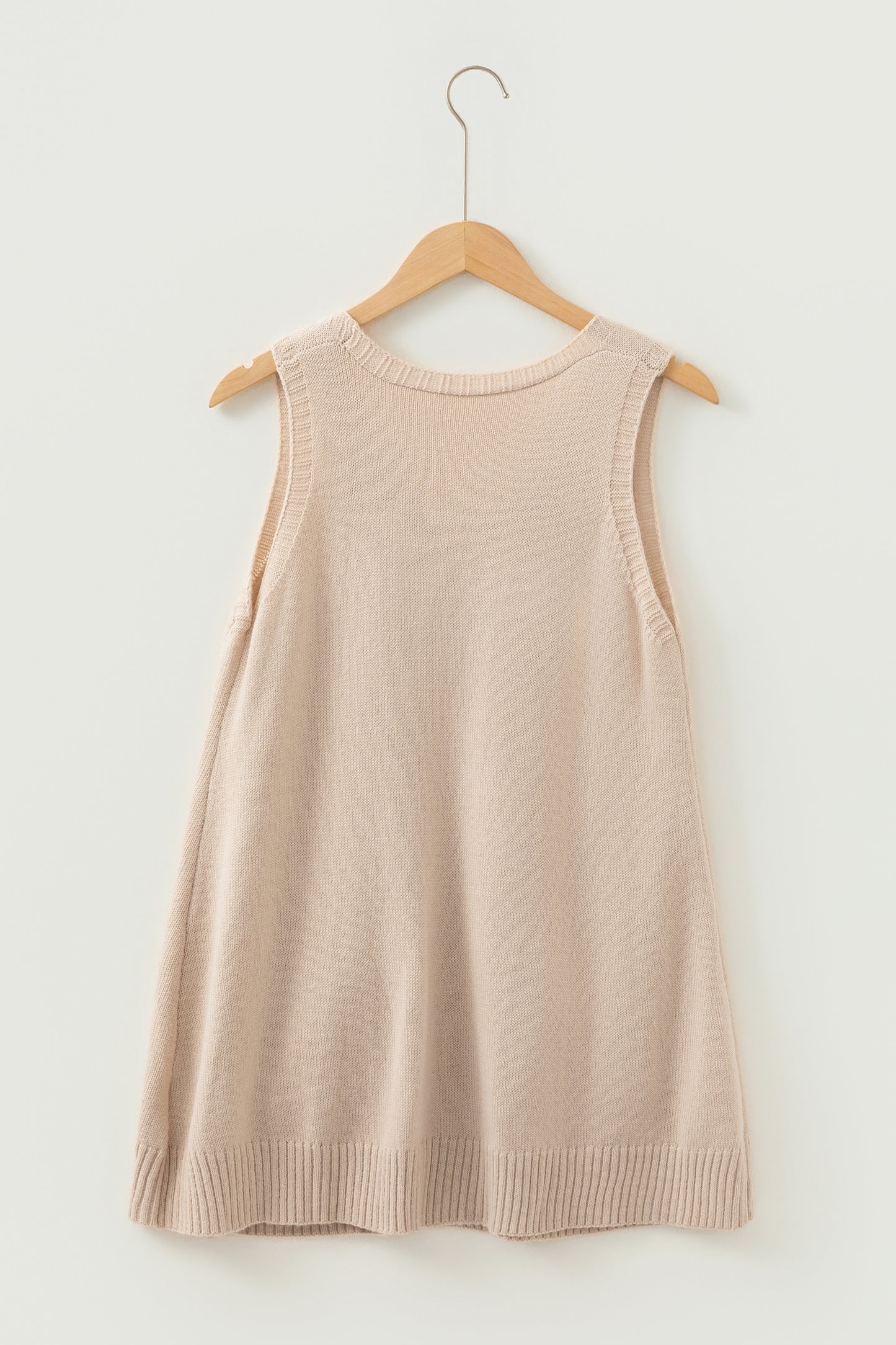 Dark Brown Ribbed Deep V Neckline Front Pocketed Loose Tunic Sweater Vest