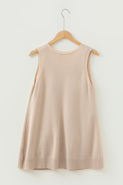 Dark Brown Ribbed Deep V Neckline Front Pocketed Loose Tunic Sweater Vest