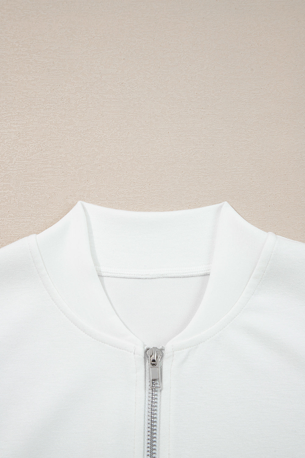 White Solid Color Zip Up Knit Puff Sleeve Jacket