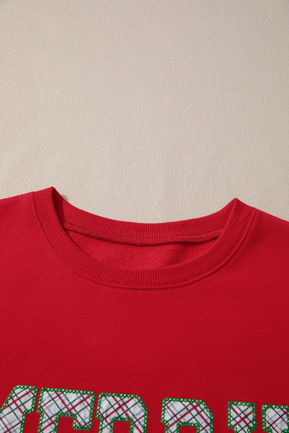 Fiery Red Merry and Bright Plaid Embroidered Letter Graphic Sequin Bow Decor Christmas Sweatshirt