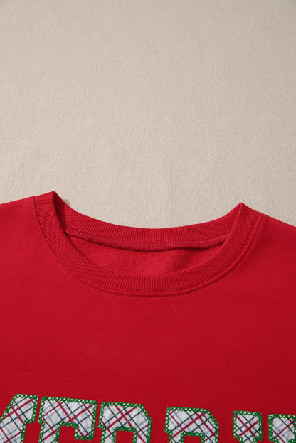 Fiery Red Merry and Bright Plaid Embroidered Letter Graphic Sequin Bow Decor Christmas Sweatshirt