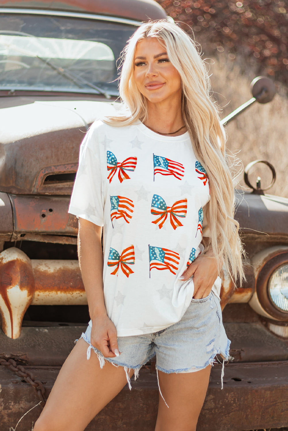 Khaki Patriotic Flag Bow Graphic Starry Round Neck T Shirt