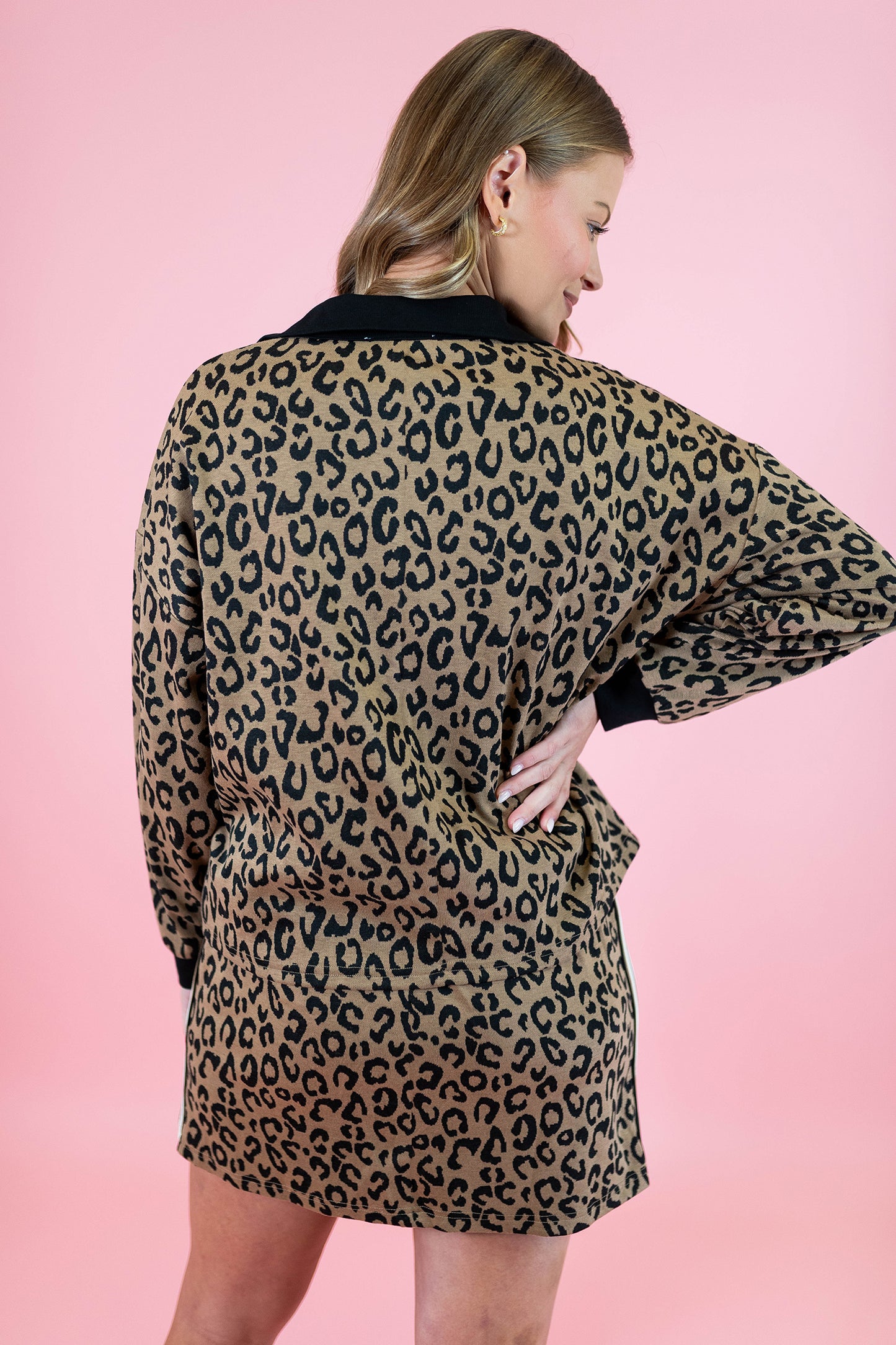 Khaki Leopard Print Quarter Zip Long Sleeve Top Mini Skirt Set