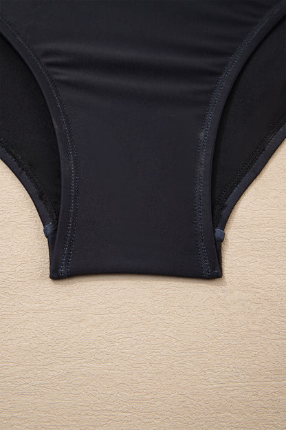 Black Drawstring Big Hole Floral Print Sleeveless One Piece Swimsuit