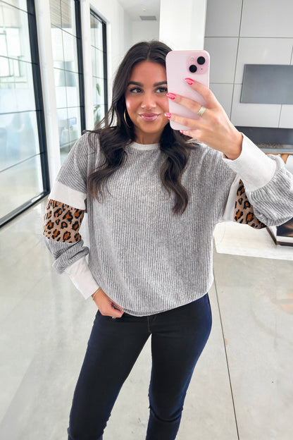 Gray Leopard Print Colorblock Patchwork Ribbed Knit Top