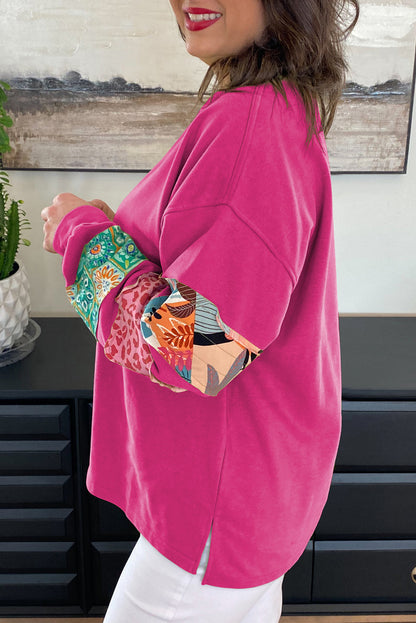 Beige Plus Size Printed Patchwork Sleeve Split Sweatshirt
