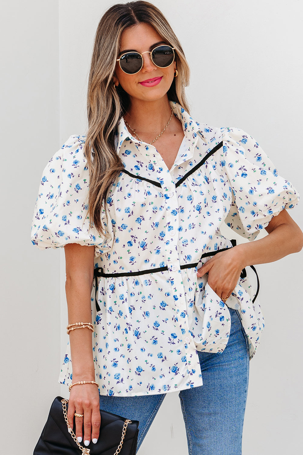 White Contrast Trim Floral Puff Short Sleeve Shirt