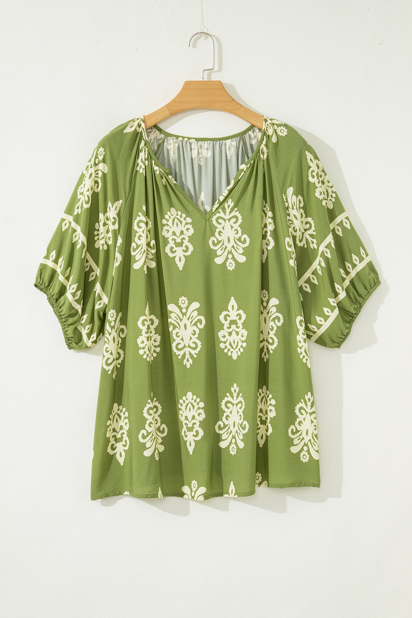 Green Boho Chic Notched V Neck Plus Floral Short Sleeve Top
