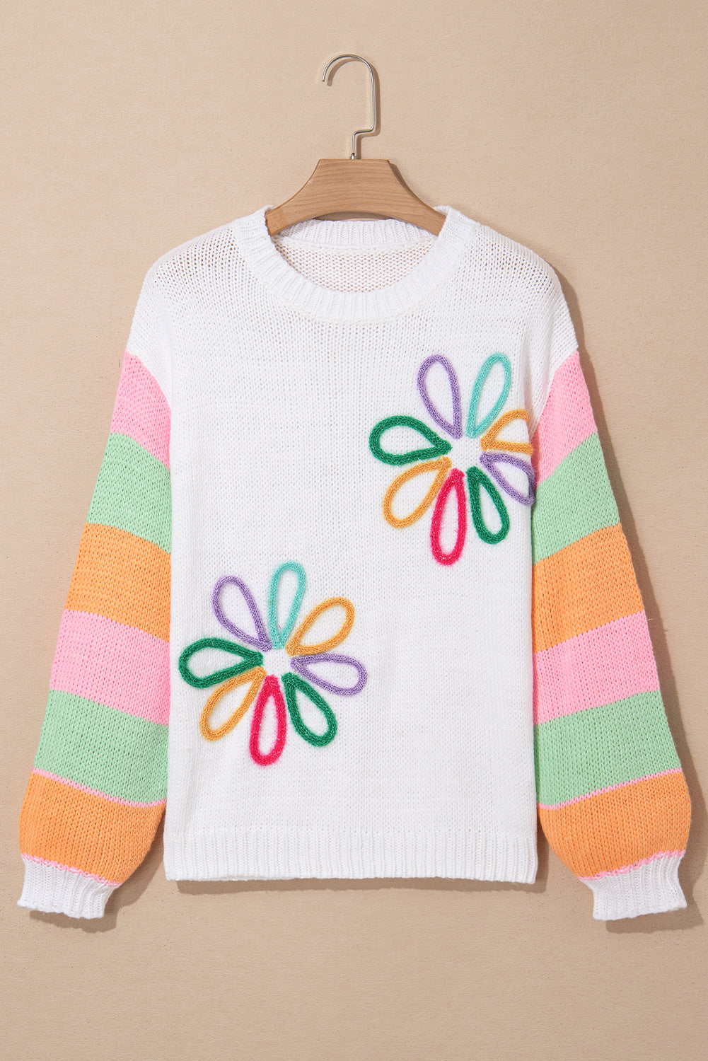White Flower Graphic Colorblock Sleeve Crew Neck Sweater