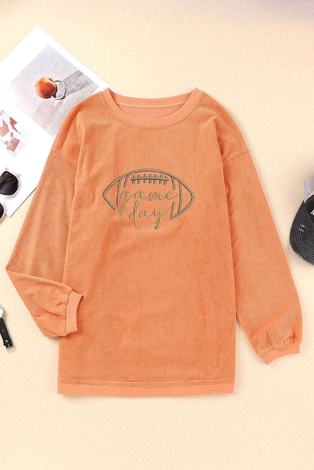 Orange Rugby Game Day Embroidered Corduroy Sweatshirt