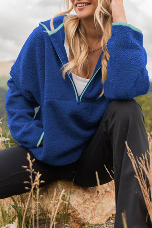Sky Blue Sherpa Half Zip Contrast Trim Pullover Hoodie