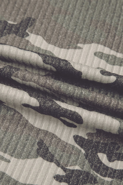 Gray Camouflage Print Ribbed Knit Round Neck Tank Top