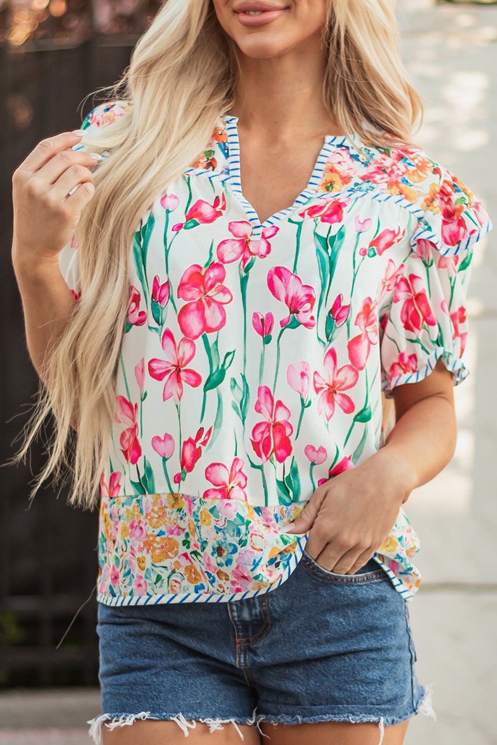 Pink Floral Print Striped Detail Split Neck Short Sleeve Blouse