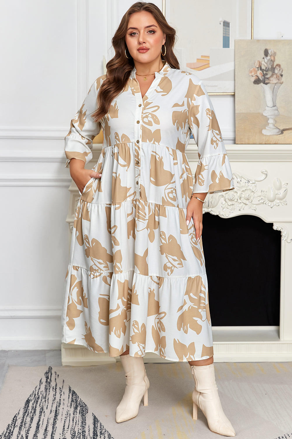 Khaki Patterned Ruffled Sleeve Half Placket Tiered A-line Plus Size Long Dress